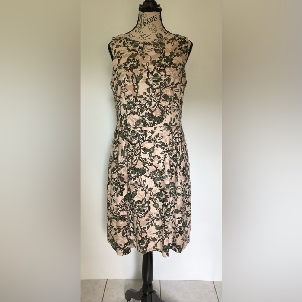 Anne Klein Sleeveless Midi Dress Cream and Tan with Green Floral Print Size 6